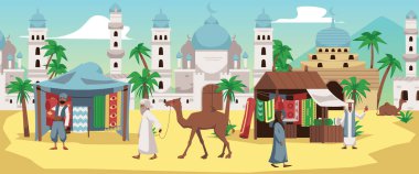 Sokakta pazar yeri olan Arap şehirleri, halı ve deve satan tüccarlar, düz vektör çizimleri. Camii olan antik Arap şehri ya da kasabası. Piyasa tezgahlarında yürüyen insanlar.
