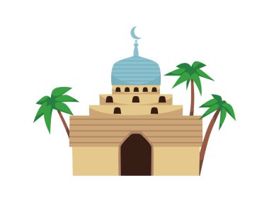 Geleneksel ve otantik Arap Camii, beyaz arka planda izole edilmiş düz vektör çizimi. Palmiyeli İslami bina. Eski Arap sokak mimarisi.
