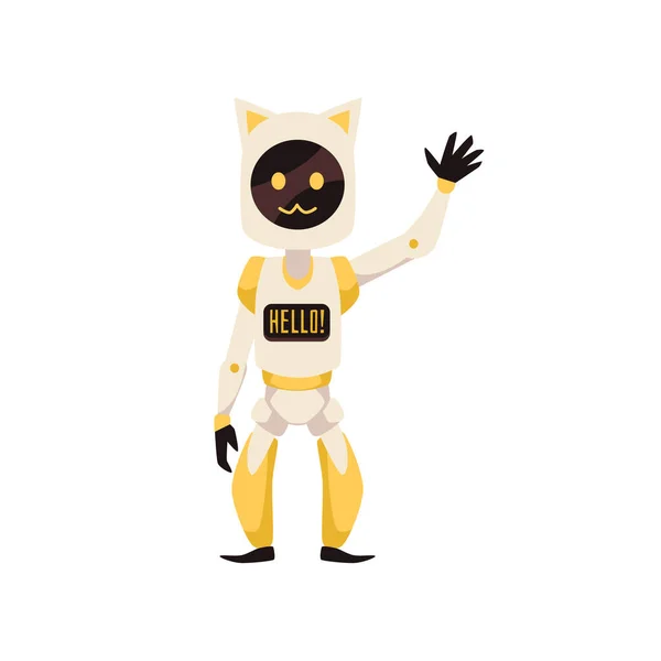 Cute Yellow Mascot Robot Cat Face Ears Saying Hello Waving — Vector de stock