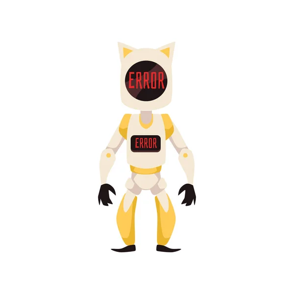 Yellow Mascot Robot Character Cat Ears Gives Error Message Flat — Stock vektor