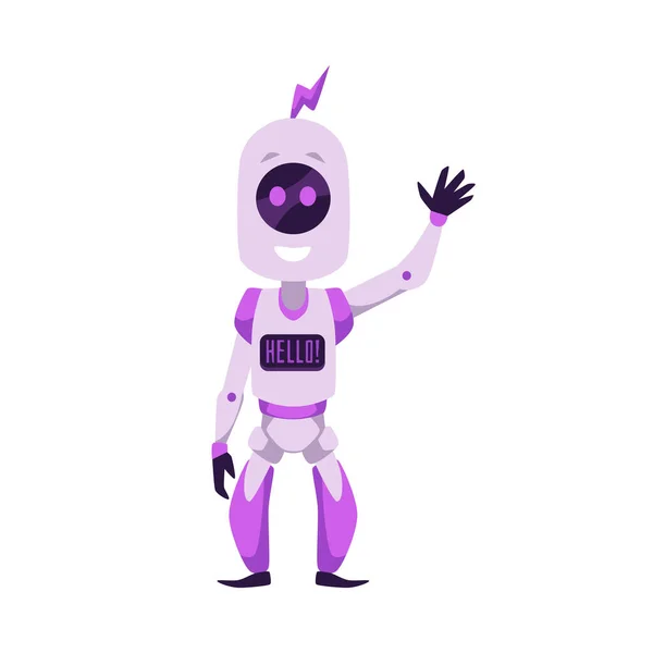 Smiling Purple Mascot Robot Saying Hello Waving Flat Style Vector — Stock Vector