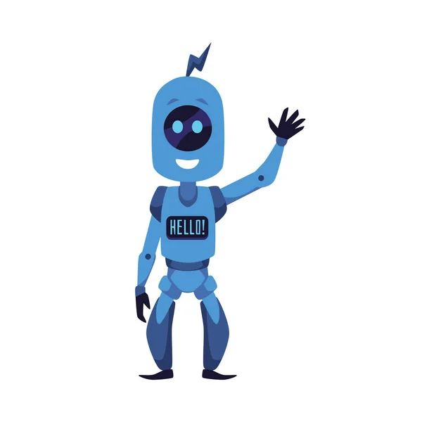 Alegre Mascota Robot Agitando Mano Con Hola Texto Pantalla Ilustración — Vector de stock