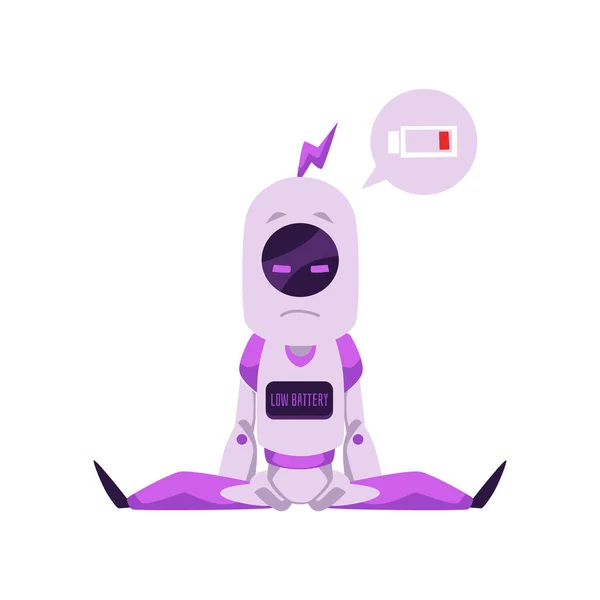 Triste Robot Mascota Púrpura Que Muestra Mensaje Batería Baja Estilo — Vector de stock
