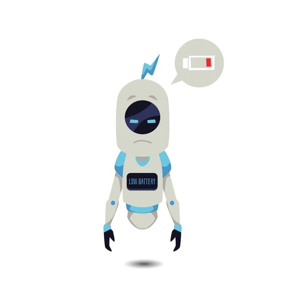 Funny Cute Robot Low Battery Mascot Flat Cartoon Vector Illustration — Vector de stock