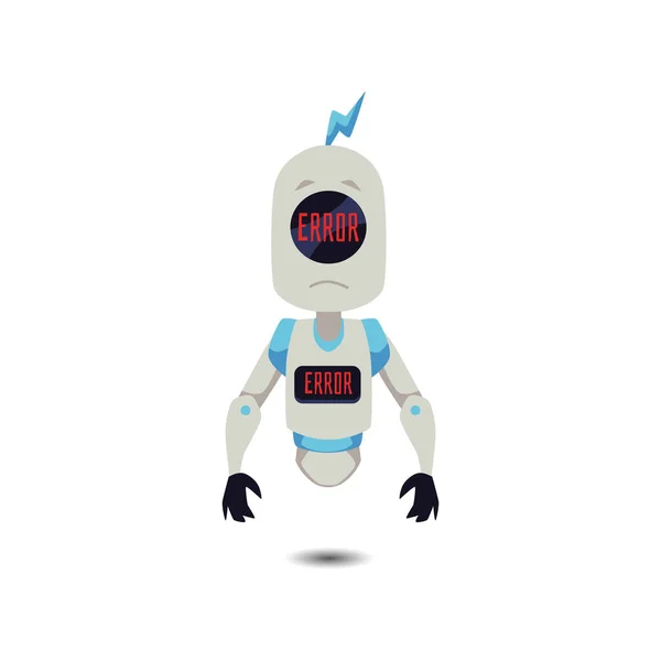 Sad Soaring Mascot Robot Shows Error Message Flat Style Vector — Vector de stock