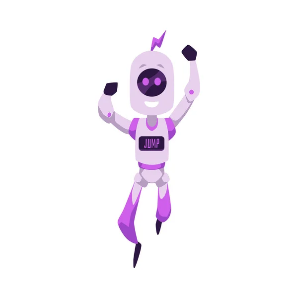 Happy Smiling Purple Mascot Robot Doing Jump Command Flat Style — Wektor stockowy