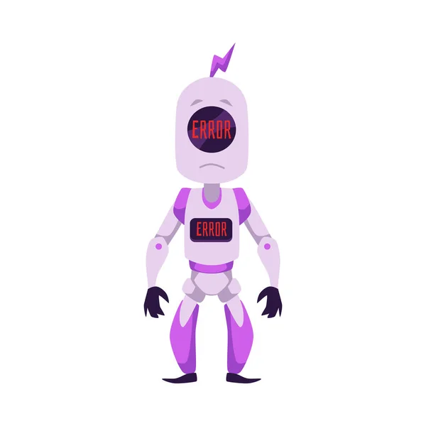 Smutný Fialový Vestoje Maskot Robot Chybovou Zprávou Obrazovce Plochý Styl — Stockový vektor