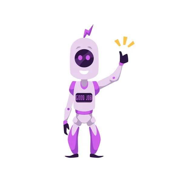 Cute Purple Robot Mascot Thumbs Good Job Flat Style Vector — Stockový vektor