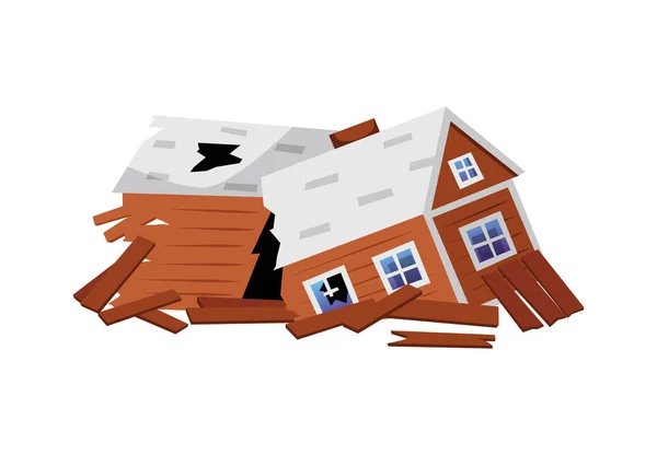 Destroyed Wooden House Flat Style Vector Illustration Isolated White Background — Stok Vektör