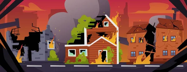 Destroyed City Burning Houses Panorama Flat Style Vector Illustration Ruined — Stok Vektör