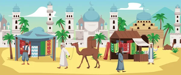 Аравійський Міський Пейзаж Ринком Вулиці Купці Торгують Килимами Верблюдами Плоскою — стоковий вектор