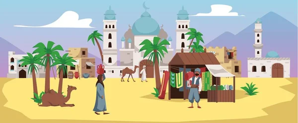 Arabian Landscape Buildings People Market Camels Flat Style Vector Illustration — Stock vektor