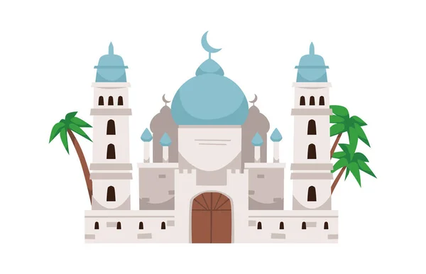 Arabian Mosque Building Elegant Dome Palm Trees Flat Vector Illustration — Image vectorielle