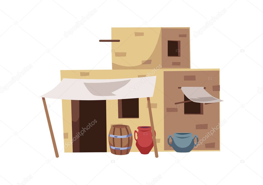 Arabian city building exterior, flat vector illustration isolated on white background. Traditional mud brick house with awnings and wooden barrels. Ancient Egypt residential or market buildings.