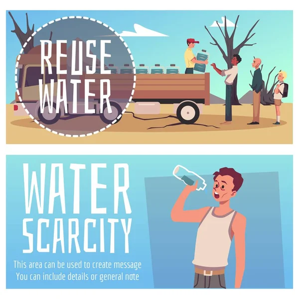 Conjunto Banner Horizontal Sobre Reutilización Escasez Agua Estilo Plano Ilustración — Archivo Imágenes Vectoriales