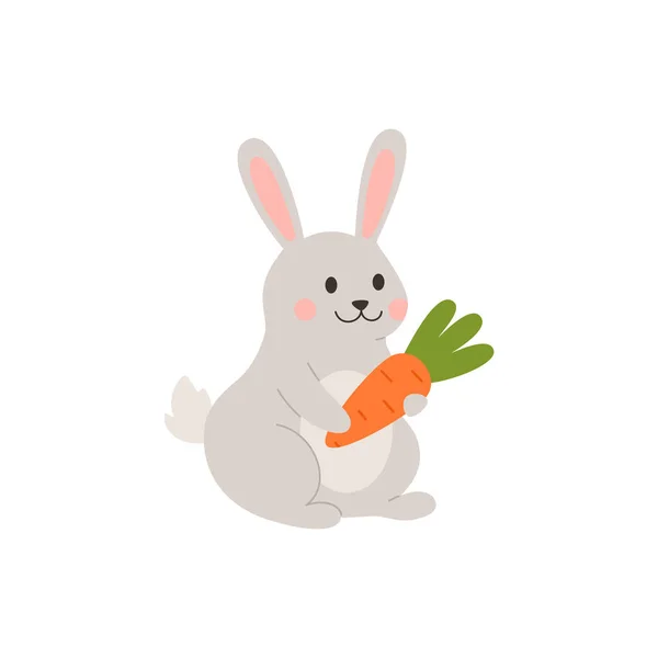 Cute Gray Rabbit Carrot Cartoon Style Vector Illustration Isolated White — Image vectorielle