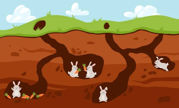 Rabbit Family Living Underground Holes Cartoon Flat Vector Illustration Bunnies — ストックベクタ