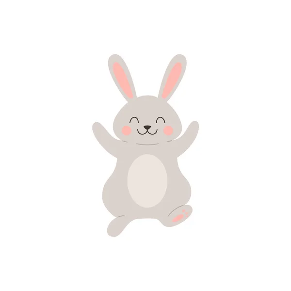 Gray Fluffy Jumping Rabbit Flat Style Vector Illustration Isolated White — Vetor de Stock