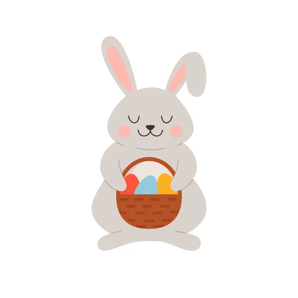 Easter Cute Bunny Basket Full Colorful Eggs Flat Cartoon Vector — 图库矢量图片