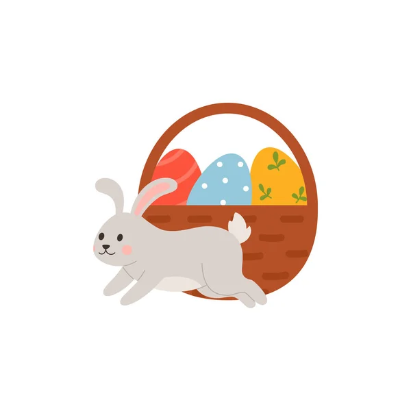 Cute Rabbit Running Front Basket Easter Eggs Flat Vector Illustration — Stockvector