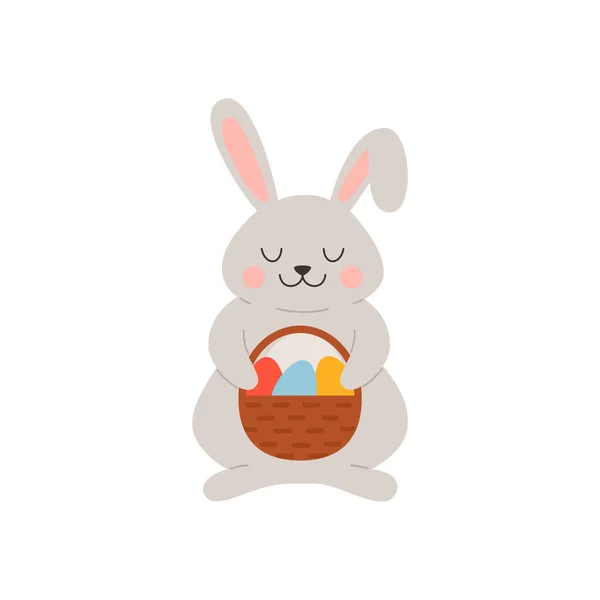 Smiling Easter Bunny Holding Basket Painted Eggs Flat Style Vector — Stockvector