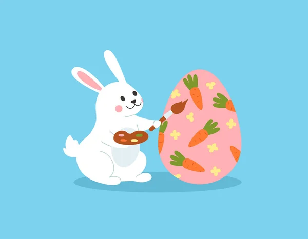 Cheerful Bunny Painting Easter Eggs Brush Paints Flat Vector Illustration — Vetor de Stock