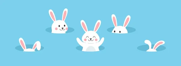 Funny Playful White Rabbits Hiding Holes Flat Style Vector Illustration — Stock Vector