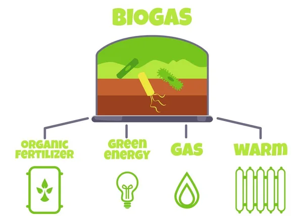 Biogas Usage Energy Consumption Cartoon Infographic Flat Vector Illustration White — Vettoriale Stock