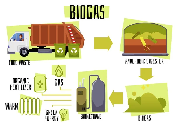 Biogas Production Process Food Waste Collection Anaerobic Digestion Biomethane Production — Vettoriale Stock