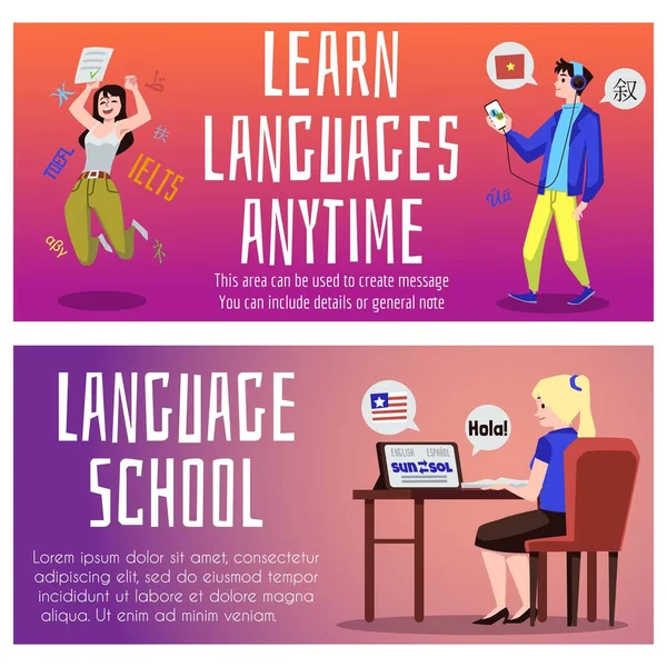 Language School Online Courses Banners Flyers Set Foreign Language Online — Stock vektor