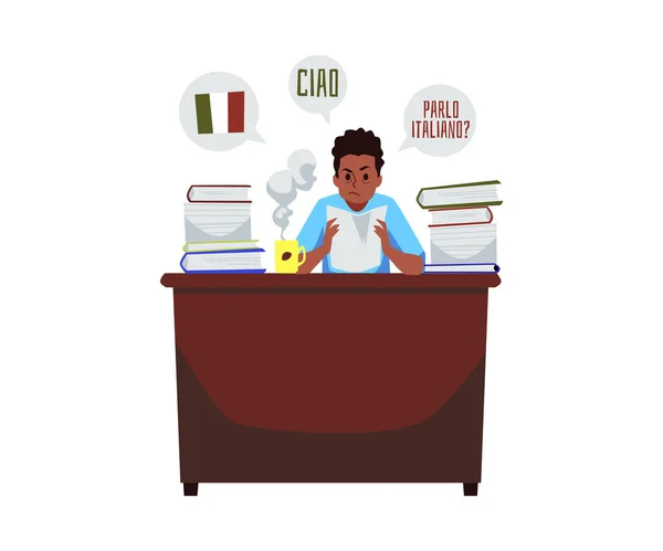 Man Learning Italian Having Difficulty Language Barrier Flat Vector Illustration — 图库矢量图片