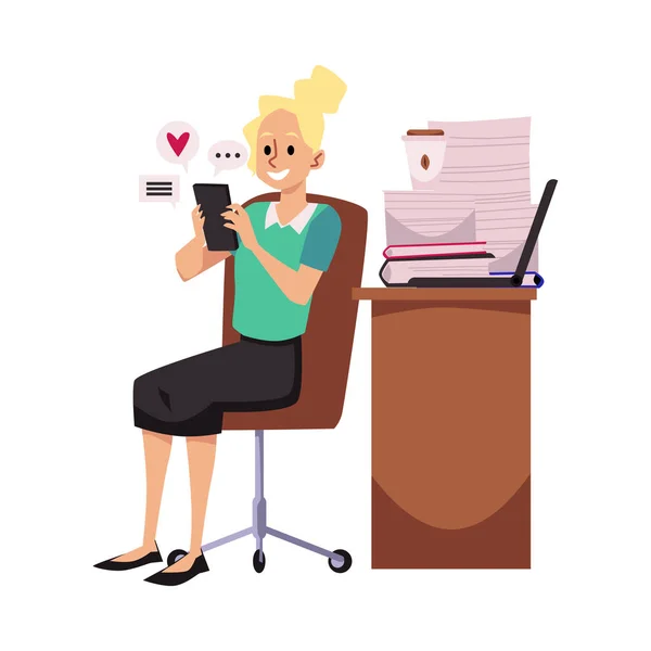 Woman Chatting Phone Workplace Unscrupulous Lazy Employee Illustration Procrastination Flat —  Vetores de Stock