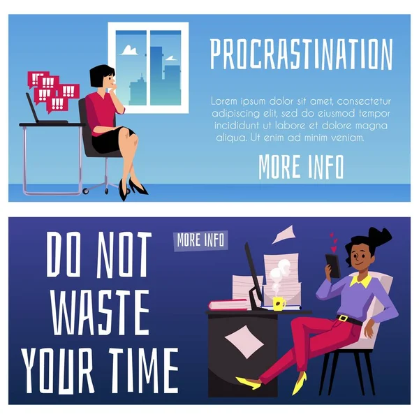 Procrastination Time Wasting Banners Set Flat Vector Illustration Deadline Breaking — Image vectorielle