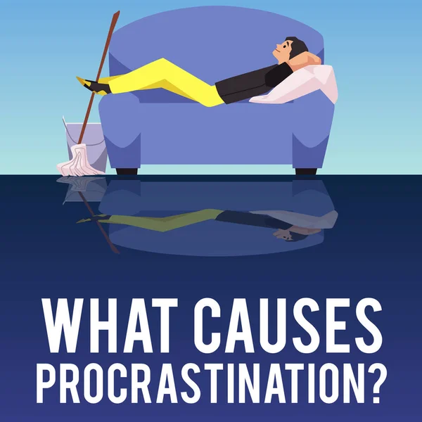 Procrastination Causes Banner Sleepy Lazy Man Refusing Work Flat Cartoon — Vector de stock