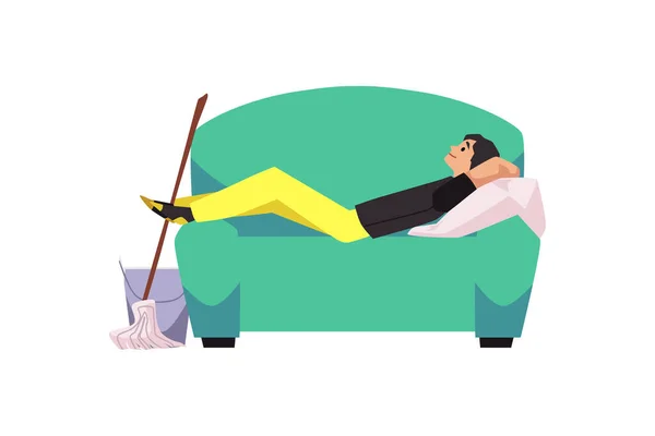 Homem Preguiçoso Deitado Sofá Durante Limpeza Lavagem Pisos Ilustração Vetorial — Vetor de Stock