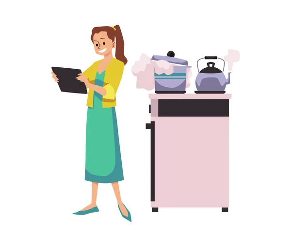 Woman Distracted Tablet While Cooking Flat Vector Illustration Isolated White — Vetor de Stock