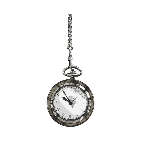 Ancient Vintage Pocket Watch Chronometer Chain Hand Drawn Engraving Vector — Archivo Imágenes Vectoriales