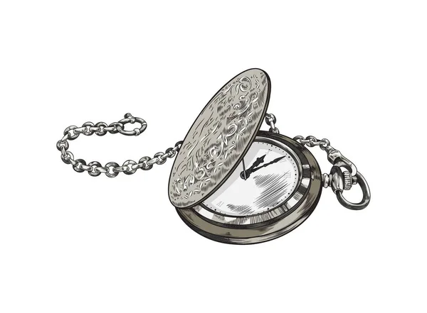 Hand Drawn Colorful Opened Pocket Watch Chain Sketch Style Vector — 스톡 벡터