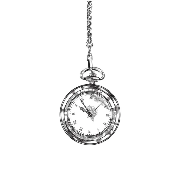 Hand Drawn Monochrome Pocket Watch Hanging Chain Sketch Style Vector — Vetor de Stock