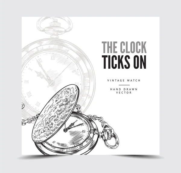 Koncepcja Czasu Vintage Zegarek Kieszonkowy Łańcuchu Szablon Plakat Szkic Wektor — Wektor stockowy