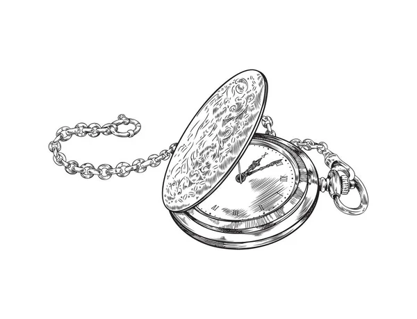 Vintage Pocket Watch Open Lid Hand Drawn Engraving Vector Illustration — Wektor stockowy