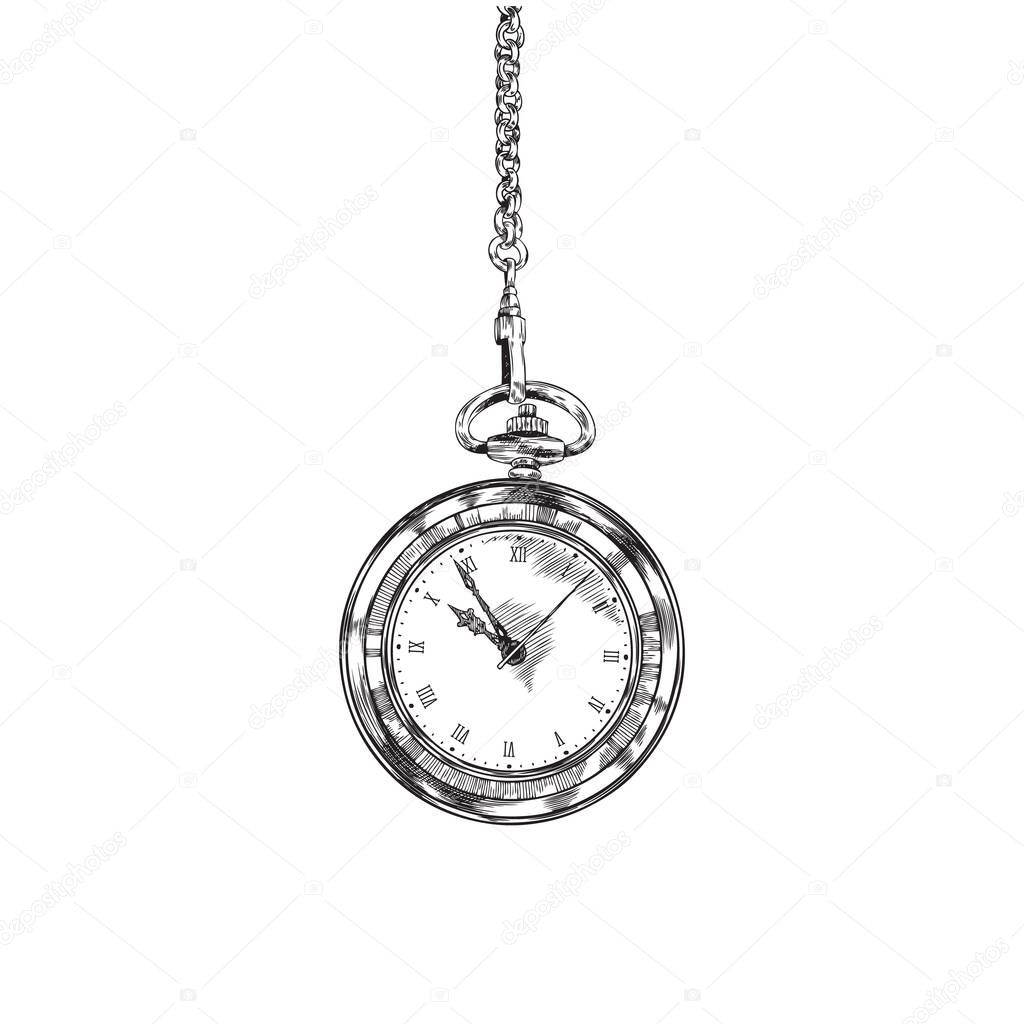 Hand drawn monochrome pocket watch hanging on chain sketch style, vector illustration isolated on white background. Dial with roman numerals, black outline design element
