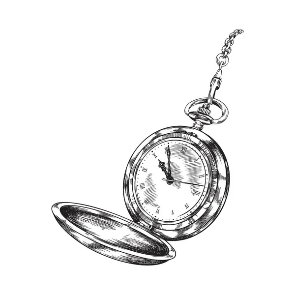 Hand Drawn Monochrome Opened Pocket Watch Chain Sketch Style Vector — Vector de stock