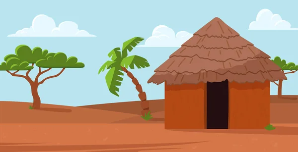 African Landscape Local Hut Trees Flat Style Vector Illustration Baobab — ストックベクタ