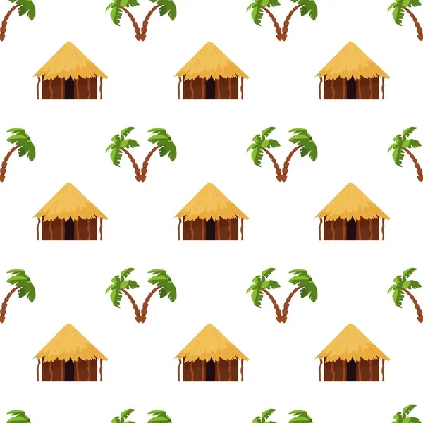 Seamless Pattern African Huts Palms Flat Style Vector Illustration White — Vector de stock