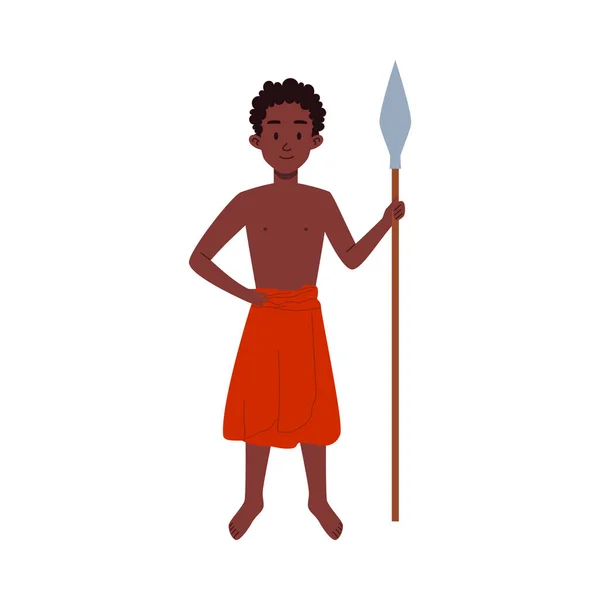 African Young Boy Standing Spear Hand Flat Style Vector Illustration — ストックベクタ