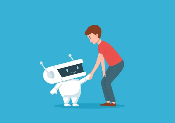 Man and cute friendly robot shaking hands, flat cartoon vector illustration isolated on blue background. Artificial intelligence serves and helps a person.