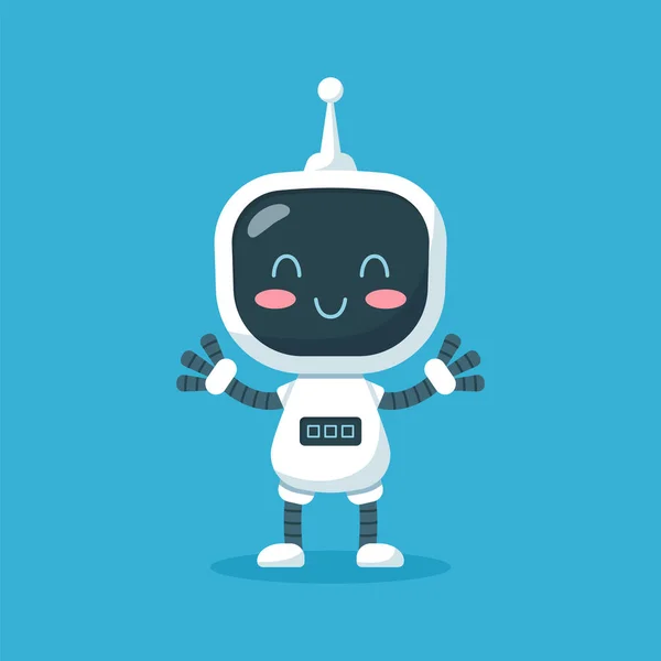 Happy Robot Digital Screen Chest Antenna Waving Hands Flat Vector — Wektor stockowy