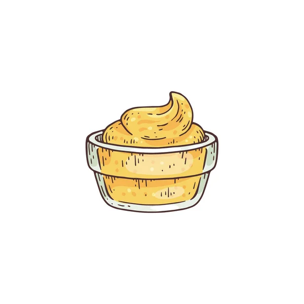 Glass Bowl Mustard Paste Sauce Hand Drawn Sketch Vector Illustration — Vector de stock
