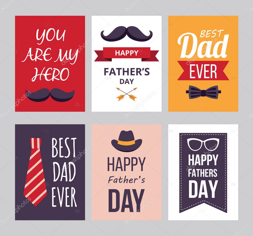 Father Day sale and greeting posters or banners set. Greeting cards or shop flyers collection of templates for father holiday, flat vector illustration.